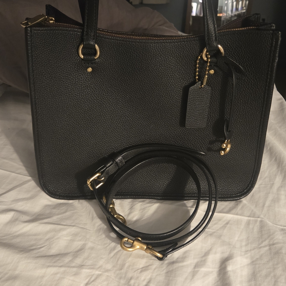 Coach Black Leather Shoulder Bag with Gold Accents